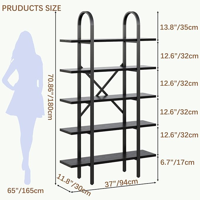 Wide Bookshelf Arched Bookcase, Industrial 5 Tier Open Book Shelves - Image 2