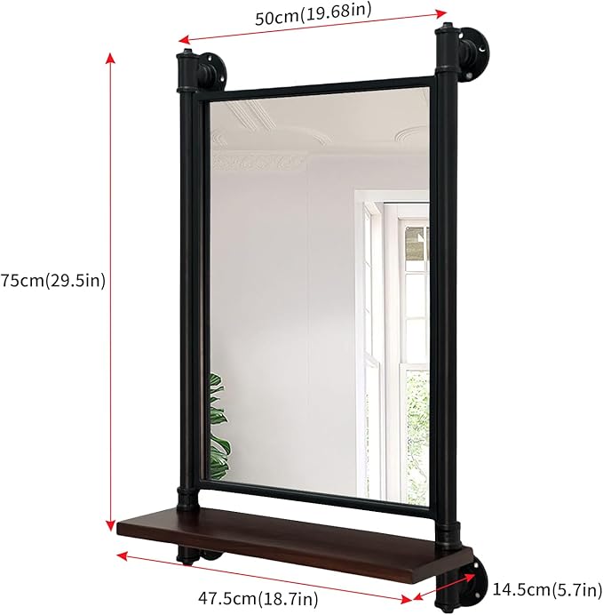 Industrial Pipe Mirror Wood Shelves, Bedroom Mirror - Image 2