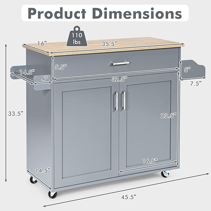 COSTWAY Kitchen Island On Wheels, Rolling Storage Trolley Cart - Image 7
