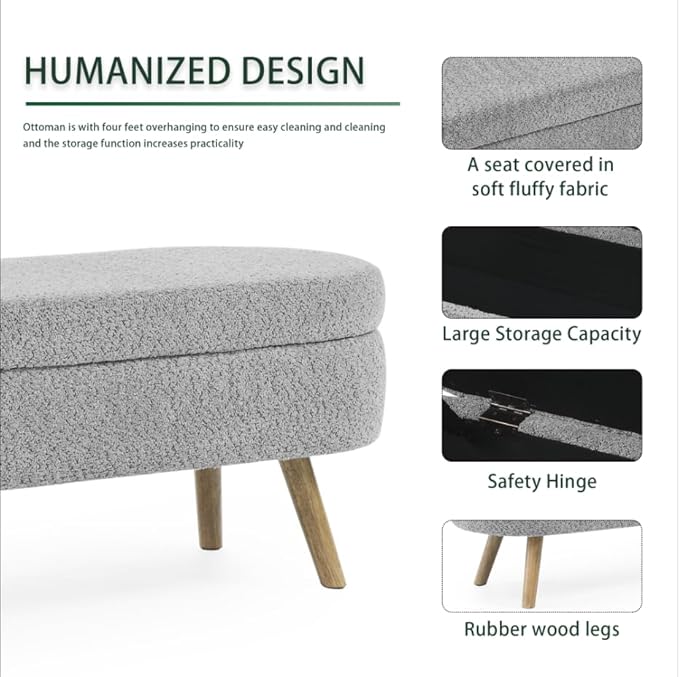 Oval Storage Bench 43.5" Linen Fabric Upholstered Entryway Bench - Image 6