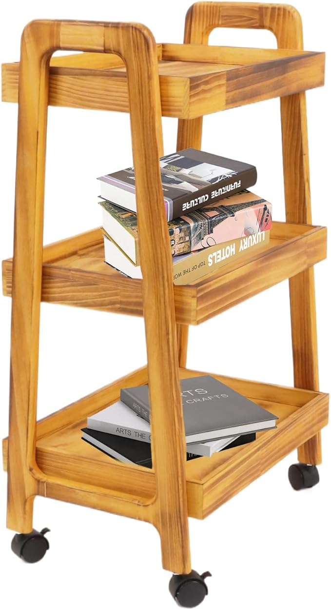 3-Tiers Ladder Shelf with Wheels, Wooden Rolling Cart, Solid Pine Wood Ladder - Image 3
