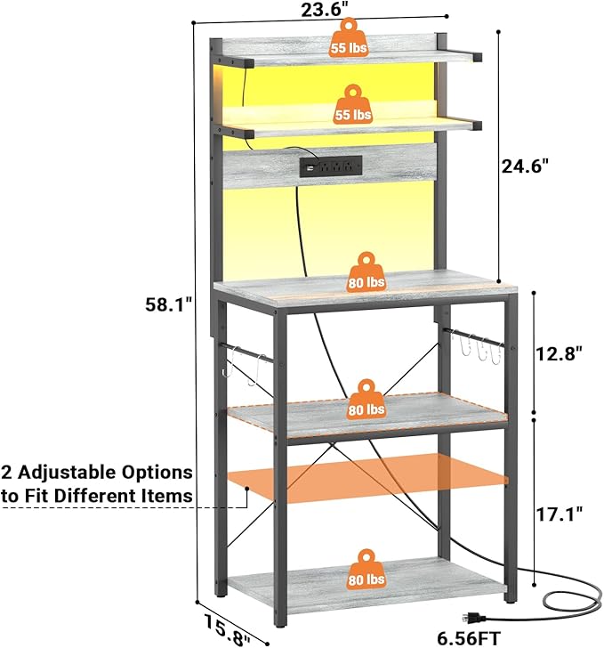 Aheaplus Bakers Rack with Power Outlet, Microwave Stand, 5 Tiers Coffee Bar - Image 8