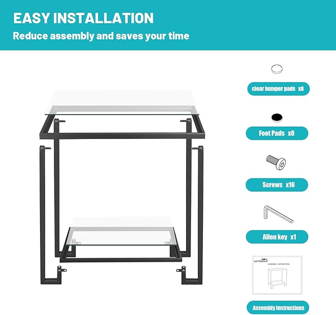 2 Tier Rectangular Side Table, Modern Metal Clear Coffee Tables，Small Accent - Image 4