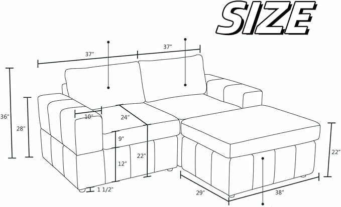 Loveseat Sofa with Ottoman, 74″ Modern Sectional Couches with Deep Seat - Image 2