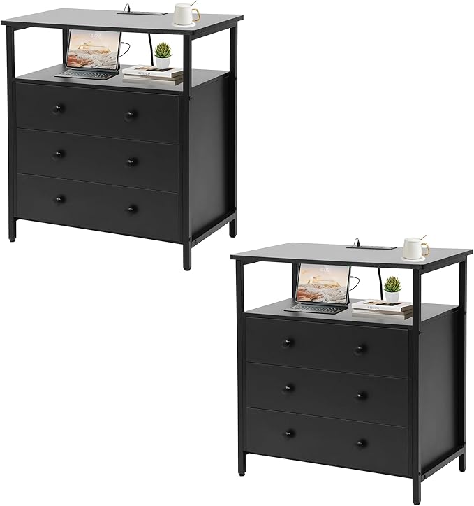 3 Wooden Drawers Nightstand, 27 Inch Wide Night Stand Set 2 by Edbuosy