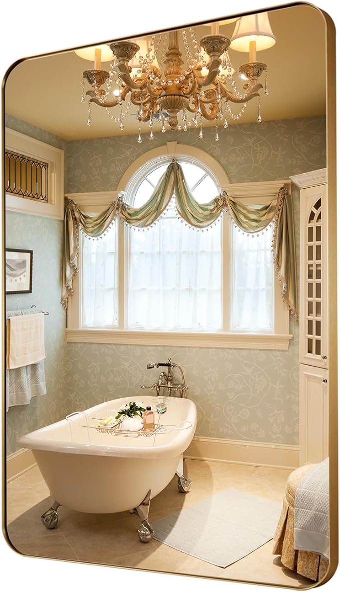 22x30 Inch Brushed Gold Mirror for Bathroom, Rounded Rectangle Mirrors Wall - Image 9