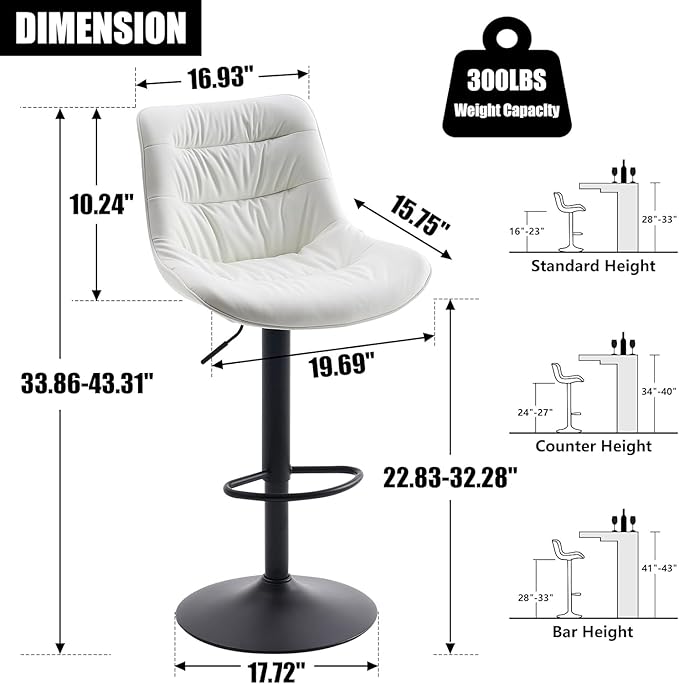 Kidol & Shellder Bar Stools Set of 2 Adjustable Swivel White, PU Leather - Image 2