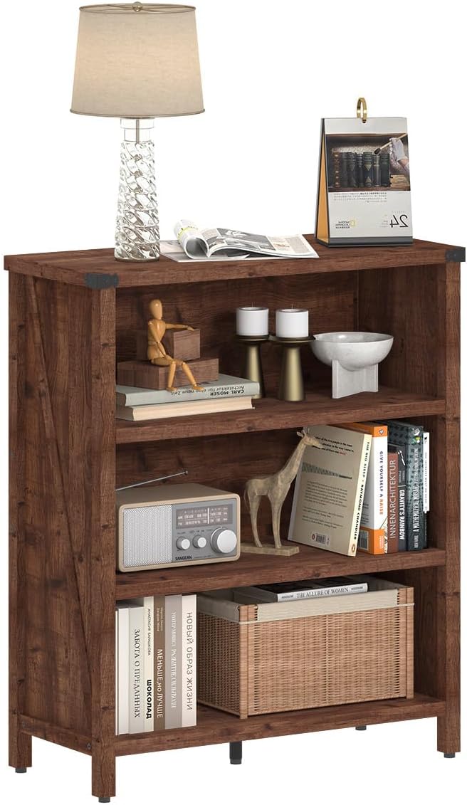 BON AUGURE Rustic Short Bookshelf, 3 Shelf Bookcase, Small Wood Low Book - Image 7