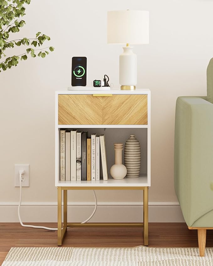 Nightstand with Charging Station, Modern Night Stand Boho Farmhouse Wood by Unknown