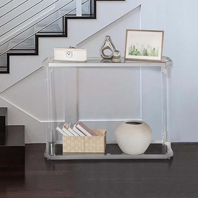 Glass Coffee Table, Acrylic Leg, Chrome Frame, Rectangular Center Table - Image 7