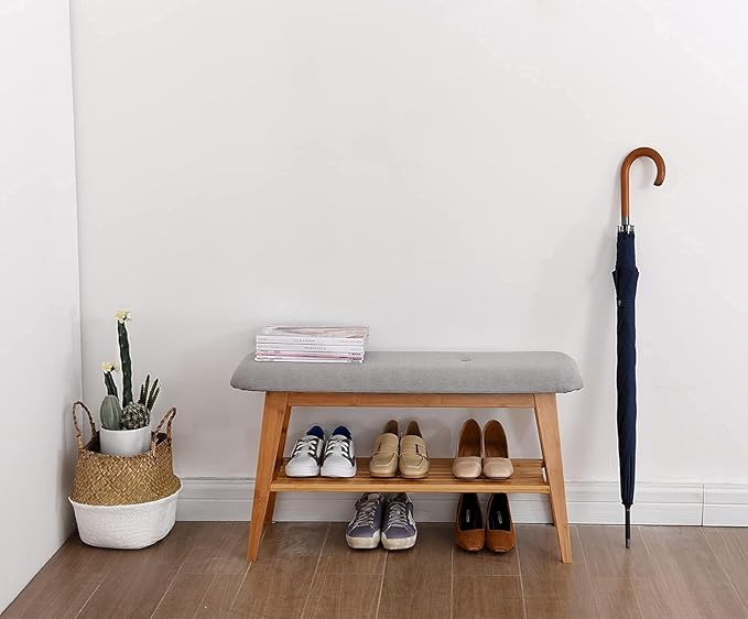 Bamboo Shoe Bench, Entryway Bench, 2 Tier Shoe Rack Bench - Image 4