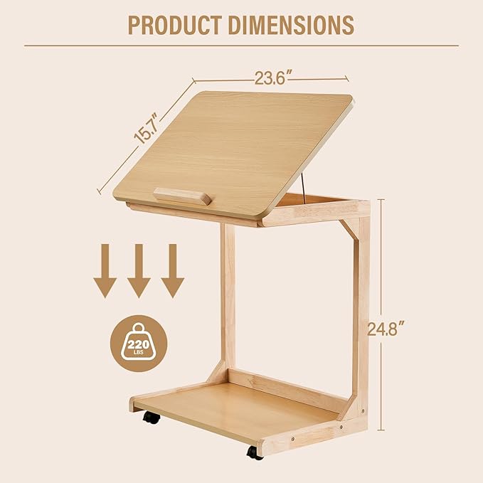 CozyDH Adjustable C Shaped End Table, Rolling Side Table Solid Wood TV Sofa - Image 2