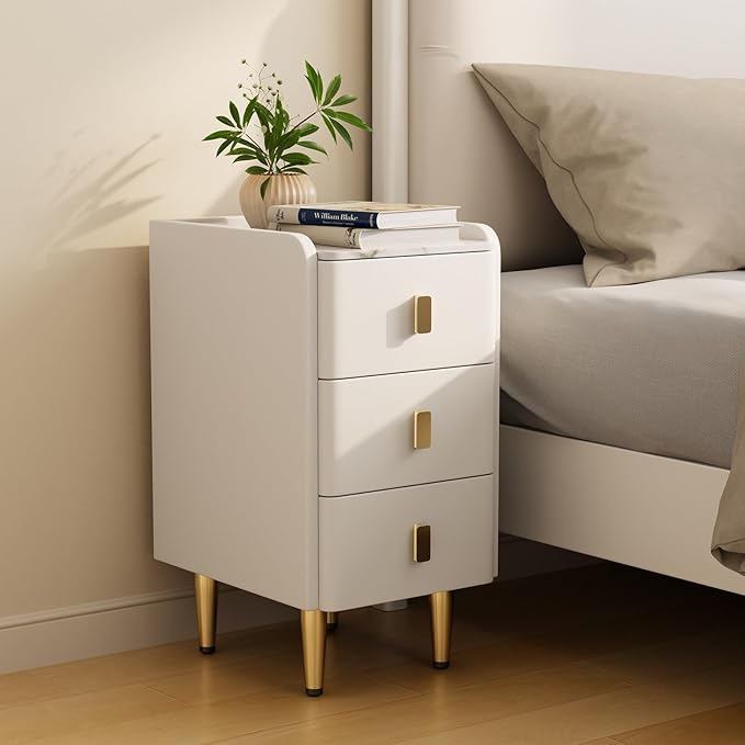 Narrow Nightstand with Drawers, Narrow Side Table Leather, Small Bedside Tables by AQIMUELE-Solidwoodfurniture