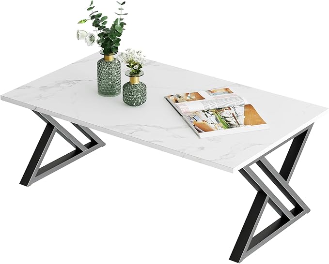 Coffee Table White Living Room Center Table, Simple Modern Faux Marble by Wolawu