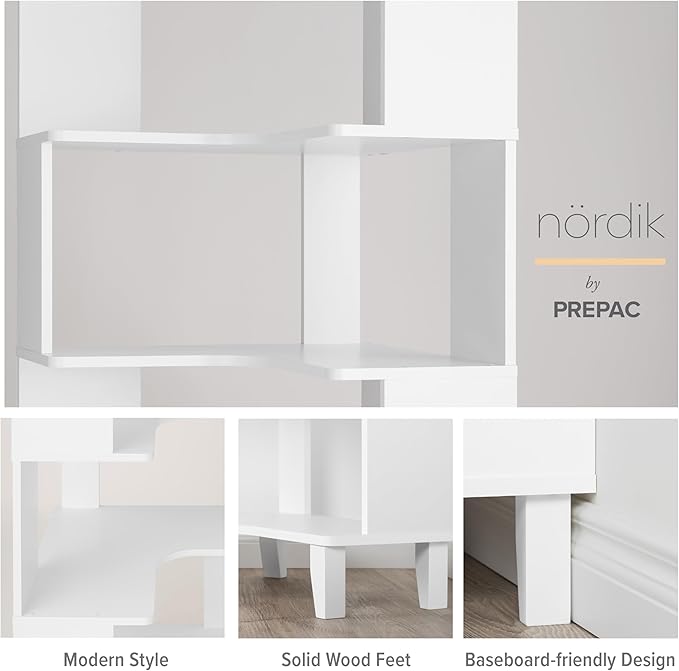 Prepac Nordik 6-Tier White Modern Mid Century Corner Bookcase, 71.5" Extra Tall - Image 10