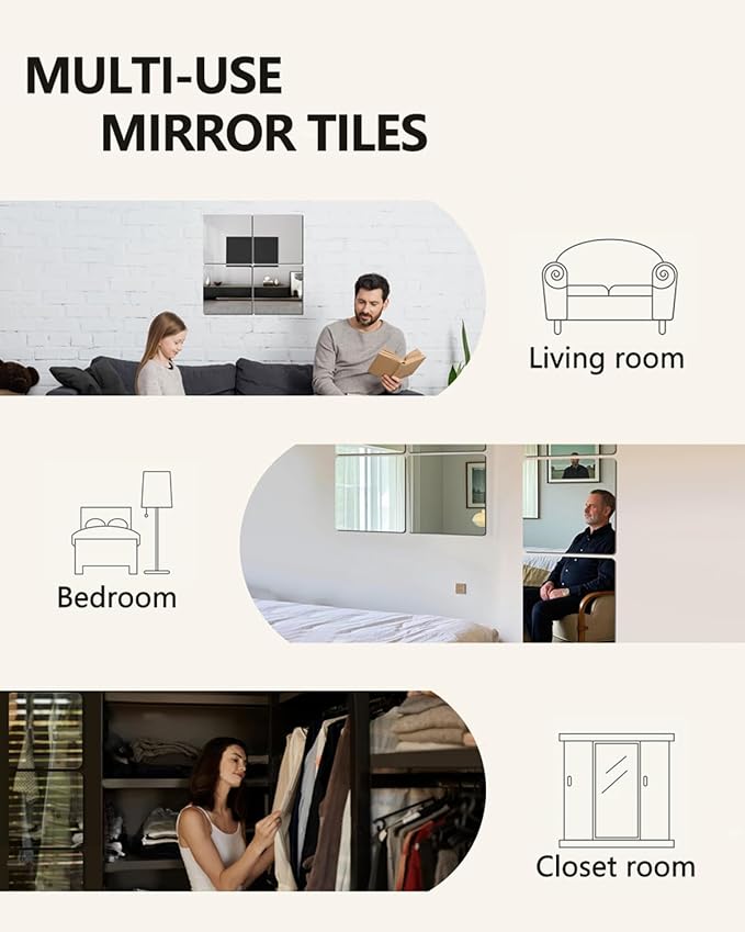 Glass Wall Mirror Tiles 12" x 12" Frameless Full Length Mirror Wall Mounted - Image 6
