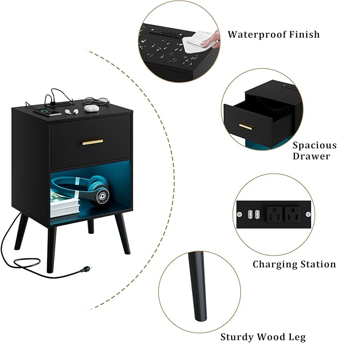 Nightstand with Charging Station and LED Lights, Small Side Table, Bedside - Image 8