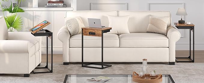 C Shaped End Table with Charging Station, 45° Tiltable Adjustable Flip Top Side - Image 8
