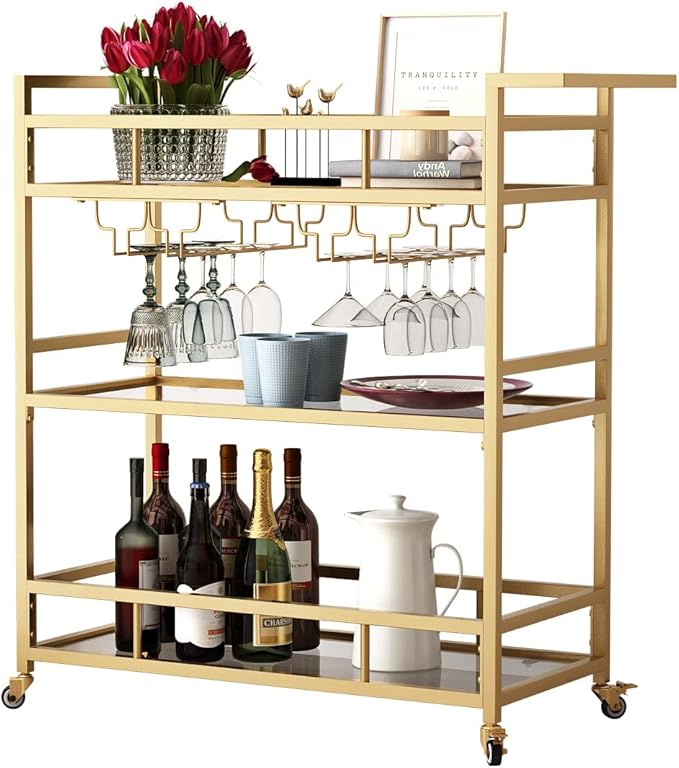 Gold Bar Carts with 3 Tier Glass Shelves, Rolling Serving Bar Cart with Wine - Image 6