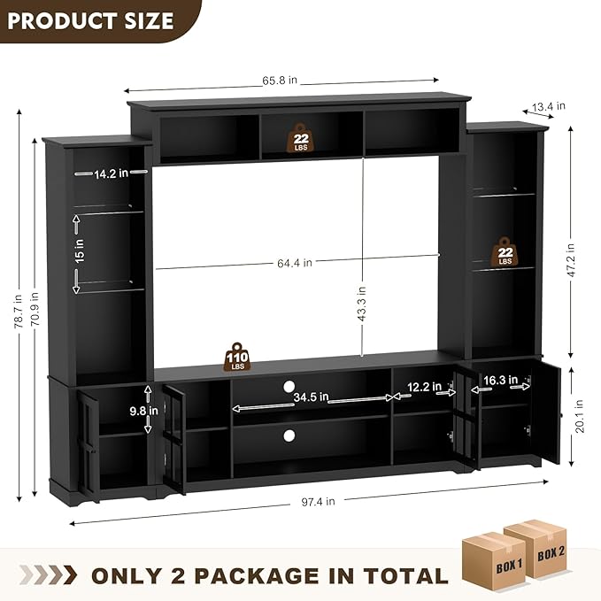 Wall Unit TV Stand with Storage & LED Lights, Large Entertainment Center with - Image 8