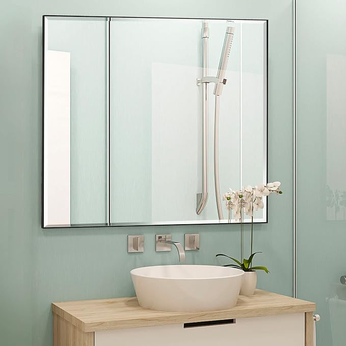 30x30 Inch Black Mirror with Beveled Trim, Aluminum Frame Bathroom Vanity Mirror by LEDLUX
