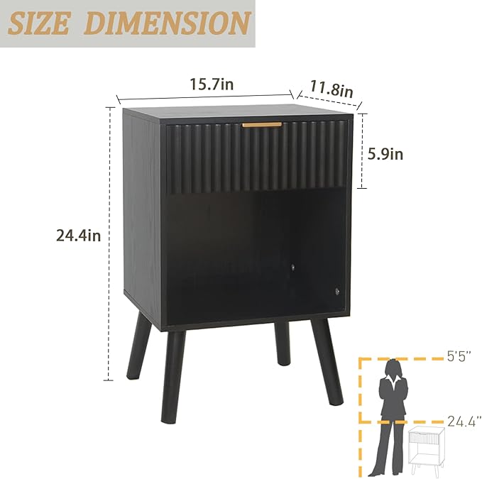 Black Fluted Nightstand, Modern Bedside Table - Image 3
