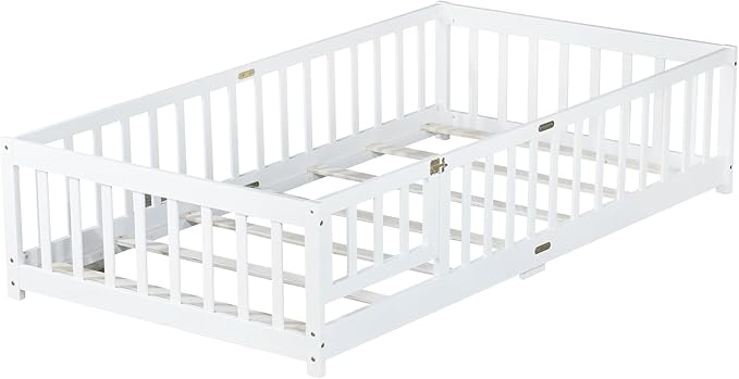 Twin Floor Bed Frame with Slats and Safety Guardrail, Wood Twin Size Montessori - Image 8