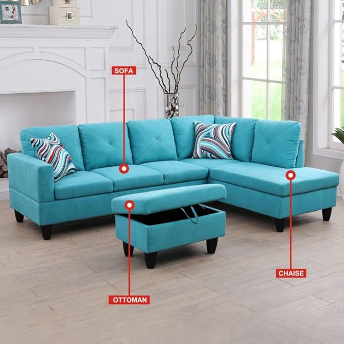 Light Blue L-Shaped 3-Piece Linen Sofa - Image 4