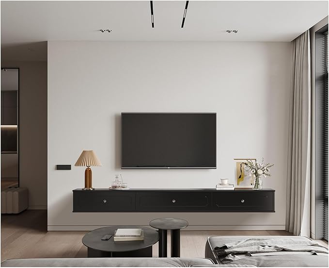 Retro Floating TV Console with 3 Doors, Wall Mounted TV Cabinet, Contemporary - Image 7