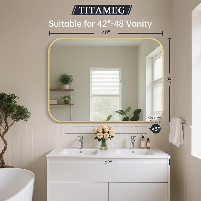 30x40 Inch Bathroom Mirror for Wall, Aluminum Alloy Framed Brushed Wall Mirror - Image 2