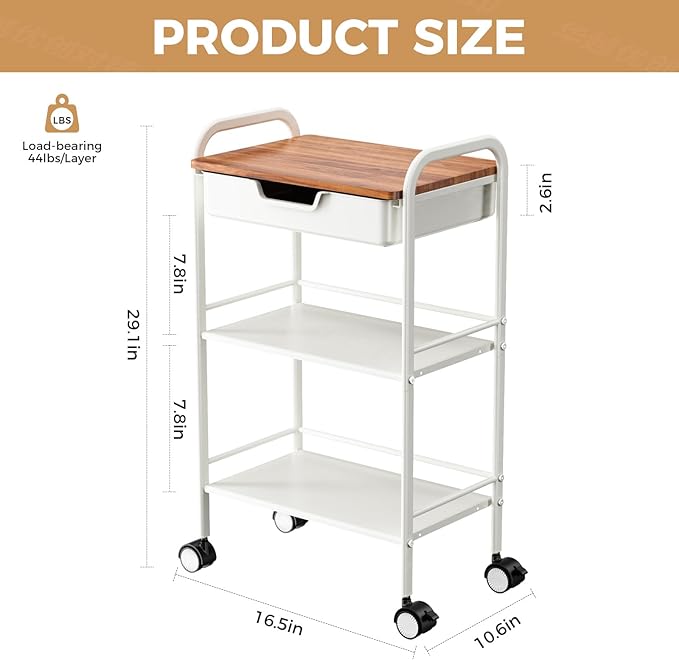 3 Tier Rolling Cart with Drawer, Metal Rolling Storage Cart with Table Top - Image 4