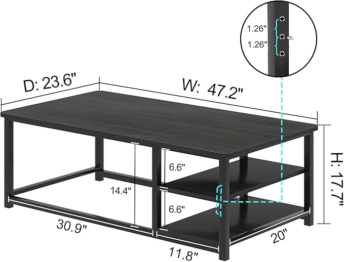 EXCEFUR Black Coffee Table, Rustic Wood Living Room Table - Image 2