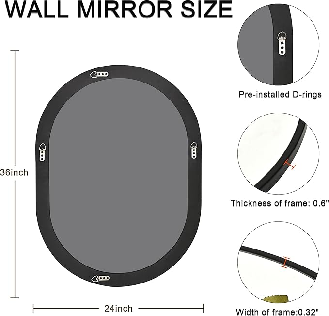Oval Bathroom Mirror 24x36 Inch, Pill-Shaped Black Framed Wood Wall Mirrors - Image 3