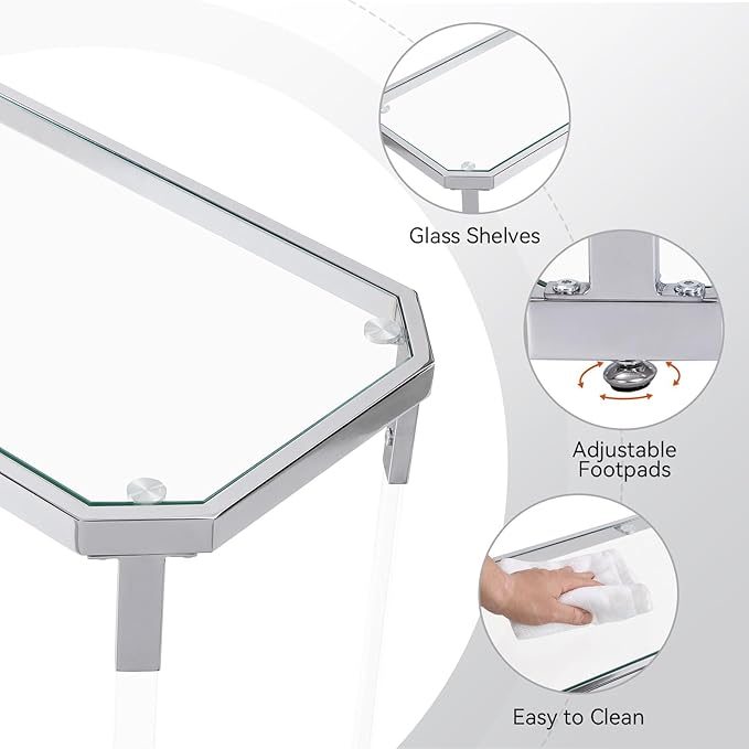 Glass Coffee Table, Acrylic Leg, Chrome Frame, Rectangular Center Table - Image 4