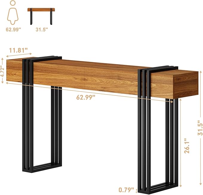63 Inch Long Console Table, Industrial Sofa Table Behind The Couch Rectangular - Image 2