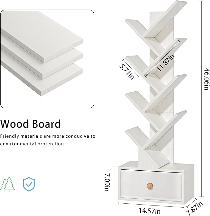 8 Tier Tree Bookshelf with Drawer, Free Standing Wood Bookcase - Image 3