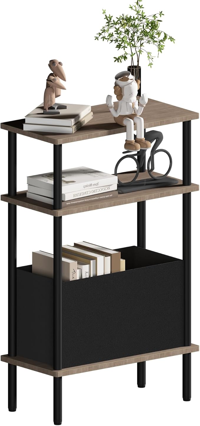 Narrow Side Table with Fabric Basket, End Table by Unknown