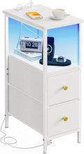 Fixwal Narrow Side Table with Charging Station and LED Light, Skinny Nightstand by Fixwal