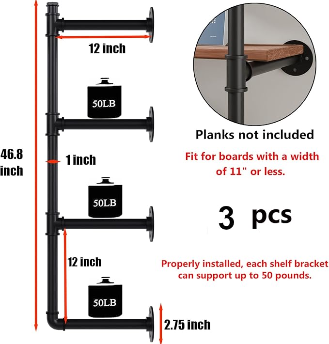 Industrial Pipe Shelf Brackets Wall Mount, Open Black Pipe Shelving - Image 3