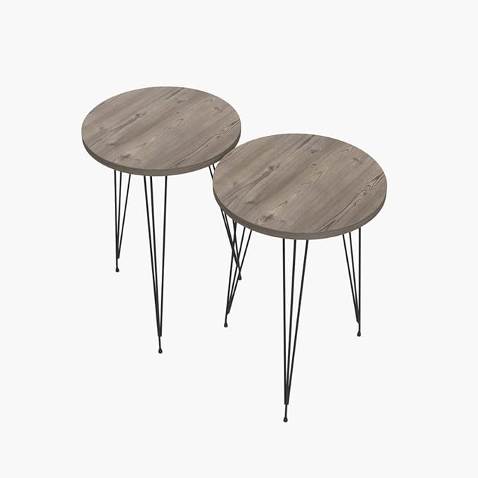 PAK HOME - Set of 2 Pine Wood Grey End Table – Round Wood Sofa Side Coffee - Image 7