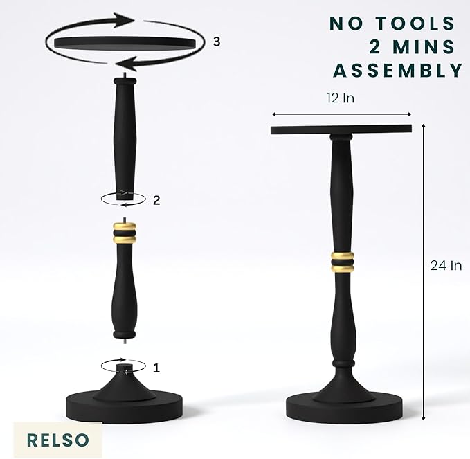 Relso Sceptrum Solid Wood Black Side Table – 24" Tall Round End Table, Narrow - Image 2