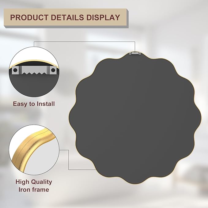 PROHOMEWARE Gold Round Mirror 28 Inch Wavy Bathroom Vanity Mirror Gold Frame - Image 4