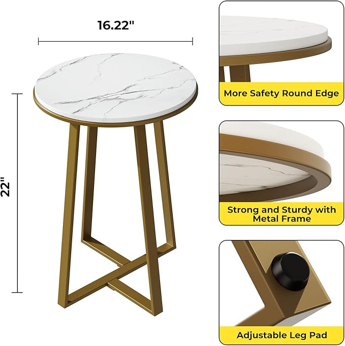 Round End Tables, Small Side Table White Marble Texture MDF Top, Metal Frame - Image 2