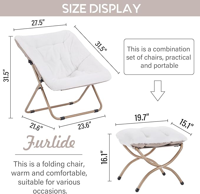 Saucer Chair with Ottoman, Comfy Bedroom & Living Room Chairs, Foldable Metal - Image 2