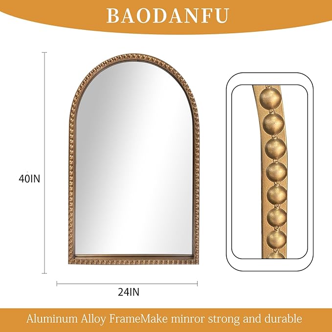 Traditional Wall Mirror Vintage Gold, Arched Vertical Mirrors - Image 4