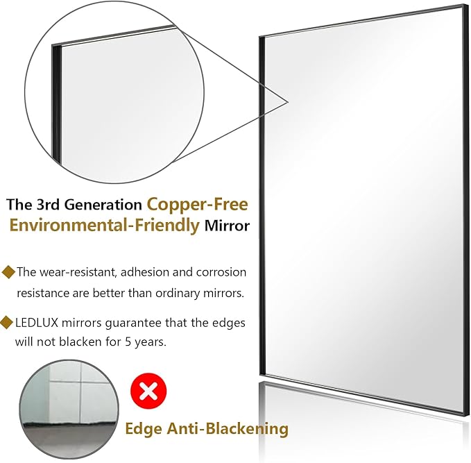 20x30 Inch Black Bathroom Mirror, Copper-Free Mirror, Aluminum Alloy Frame - Image 2