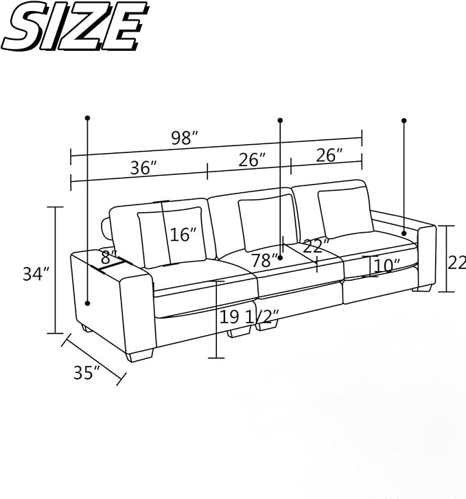 Sectional Couches Sofa for Living Room, 98″ 3 Seater Cloud Couch, Modern Comfy - Image 2
