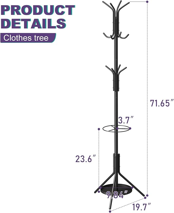 Coat Rack Freestanding, Entryway Hanger Stand, Umbrella Holder, Hall Tree - Image 2