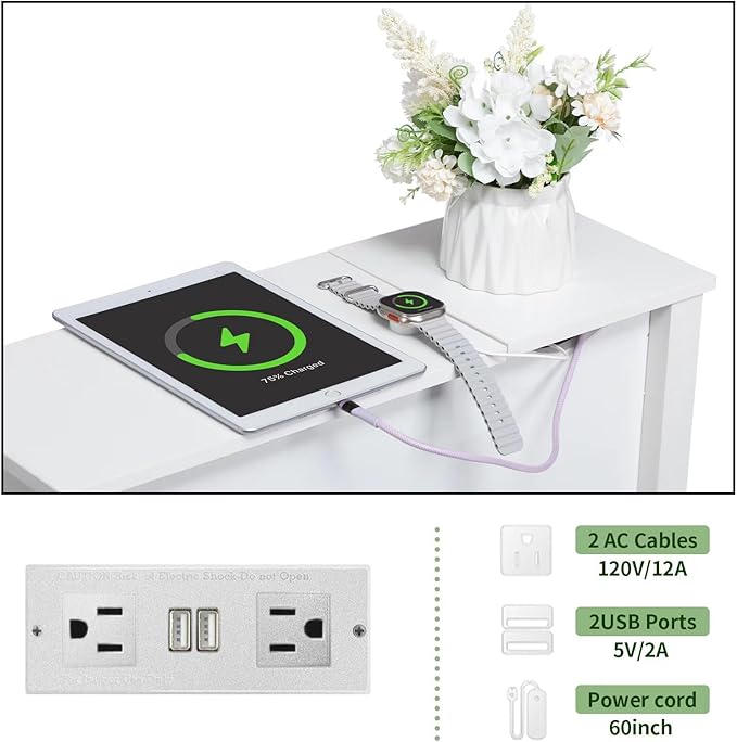 White End Table with Movable Top and Charging Station, Narrow Side Table with - Image 7