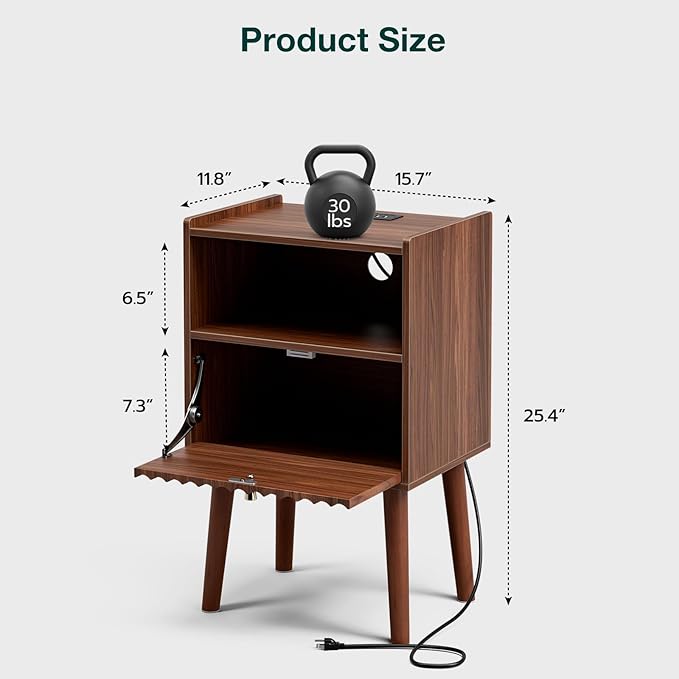 Side Table with Charging Station, Modern End Table with Fluted Drawer, Bedside - Image 3
